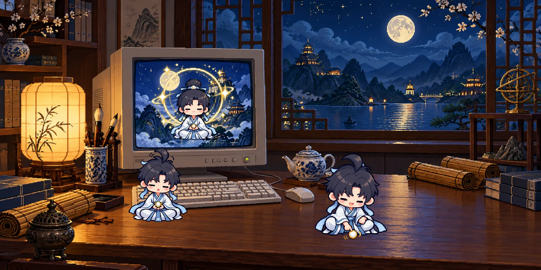 桌面夜景:显示器小窗内打坐的修士与桌旁打盹、捧珠的修士
